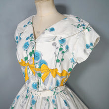 Load image into Gallery viewer, 60s YELLOW BOW AND BLUE ROSE PRINT FULL SKIRTED DRESS - S-M