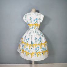 Load image into Gallery viewer, 60s YELLOW BOW AND BLUE ROSE PRINT FULL SKIRTED DRESS - S-M
