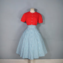Load image into Gallery viewer, 50s TEAL RED PATTERNED FIT AND FLARE COTTON DRESS WITH REVERSIBLE BOLERO - S-M