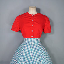 Load image into Gallery viewer, 50s TEAL RED PATTERNED FIT AND FLARE COTTON DRESS WITH REVERSIBLE BOLERO - S-M