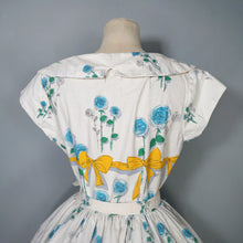 Load image into Gallery viewer, 60s YELLOW BOW AND BLUE ROSE PRINT FULL SKIRTED DRESS - S-M