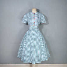 Load image into Gallery viewer, 50s TEAL RED PATTERNED FIT AND FLARE COTTON DRESS WITH REVERSIBLE BOLERO - S-M
