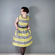 Load image into Gallery viewer, 60s YELLOW BLACK STRIPE COTTON DAY DRESS WITH POCKETS - M