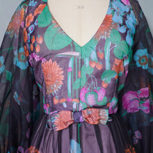 Load image into Gallery viewer, 70s PSYCHEDELIC FLORAL AND MUSHROOM PRINT MAXI DRESS WITH HUGE BALLOON SLEEVES - S