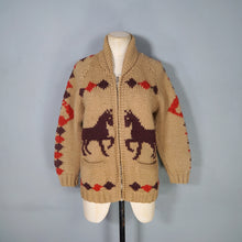 Load image into Gallery viewer, 50s HANDKNITTED BROWN AND RED EQUESTRIAN HORSE PATTERN COWICHAN CARDIGAN - XS-S