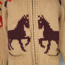 Load image into Gallery viewer, 50s HANDKNITTED BROWN AND RED EQUESTRIAN HORSE PATTERN COWICHAN CARDIGAN - XS-S