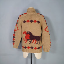 Load image into Gallery viewer, 50s HANDKNITTED BROWN AND RED EQUESTRIAN HORSE PATTERN COWICHAN CARDIGAN - XS-S