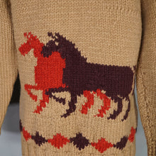 Load image into Gallery viewer, 50s HANDKNITTED BROWN AND RED EQUESTRIAN HORSE PATTERN COWICHAN CARDIGAN - XS-S