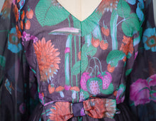 Load image into Gallery viewer, 70s PSYCHEDELIC FLORAL AND MUSHROOM PRINT MAXI DRESS WITH HUGE BALLOON SLEEVES - S