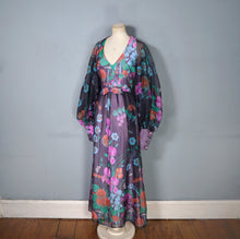 Load image into Gallery viewer, 70s PSYCHEDELIC FLORAL AND MUSHROOM PRINT MAXI DRESS WITH HUGE BALLOON SLEEVES - S