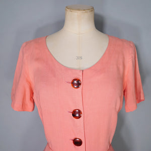 EARLY 50s SALMON PINK L'AIGLON SOFT RAYON FITTED DRESS WITH TORTOISE SHELL BUTTONS - S