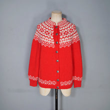 Load image into Gallery viewer, 60s / 70s RED AND WHITE HANDKNITTED NORWEGIAN CHRISTMAS CARDIGAN - M-L