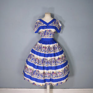 50s SCENIC BLUE PRINT SOFT RAYON FULL SKIRTED DAY DRESS - S