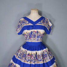 Load image into Gallery viewer, 50s SCENIC BLUE PRINT SOFT RAYON FULL SKIRTED DAY DRESS - S