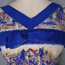 Load image into Gallery viewer, 50s SCENIC BLUE PRINT SOFT RAYON FULL SKIRTED DAY DRESS - S