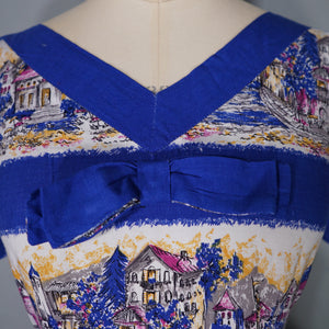 50s SCENIC BLUE PRINT SOFT RAYON FULL SKIRTED DAY DRESS - S