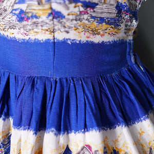 50s SCENIC BLUE PRINT SOFT RAYON FULL SKIRTED DAY DRESS - S