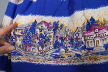Load image into Gallery viewer, 50s SCENIC BLUE PRINT SOFT RAYON FULL SKIRTED DAY DRESS - S