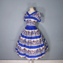 Load image into Gallery viewer, 50s SCENIC BLUE PRINT SOFT RAYON FULL SKIRTED DAY DRESS - S