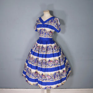 50s SCENIC BLUE PRINT SOFT RAYON FULL SKIRTED DAY DRESS - S