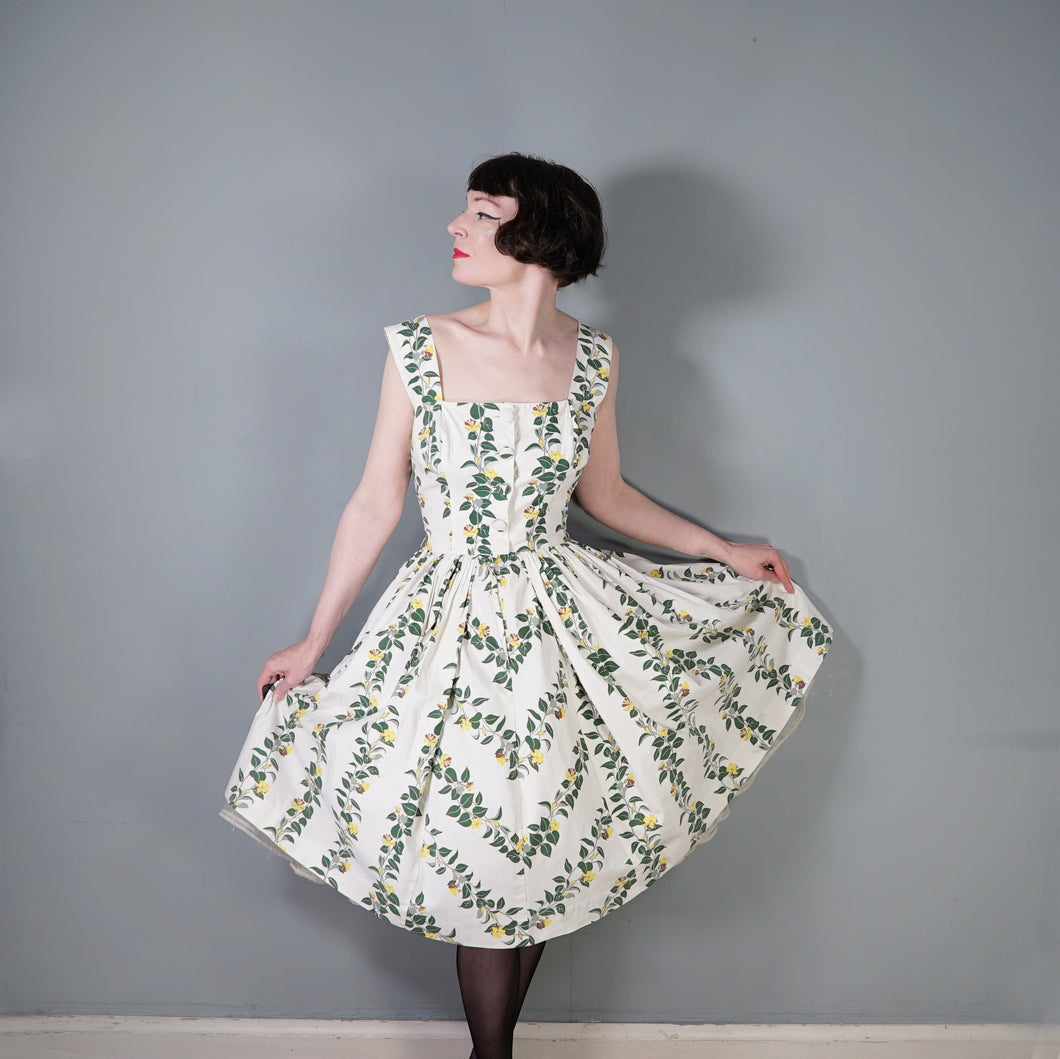50s YELLOW FLORAL HORROCKSES FASHIONS COTTON SUN DRESS - S