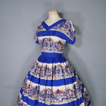 Load image into Gallery viewer, 50s SCENIC BLUE PRINT SOFT RAYON FULL SKIRTED DAY DRESS - S