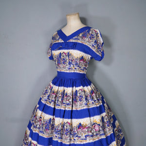 50s SCENIC BLUE PRINT SOFT RAYON FULL SKIRTED DAY DRESS - S