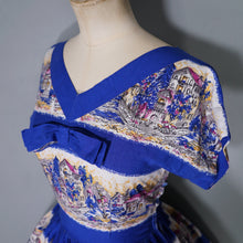 Load image into Gallery viewer, 50s SCENIC BLUE PRINT SOFT RAYON FULL SKIRTED DAY DRESS - S