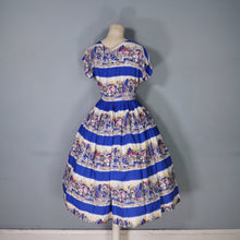 Load image into Gallery viewer, 50s SCENIC BLUE PRINT SOFT RAYON FULL SKIRTED DAY DRESS - S