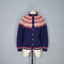 Load image into Gallery viewer, 70s BLUE RED AND WHITE NORWEGIAN &quot;SAGA KNIT&quot; HANDKNITTED WOOL CARDIGAN - M