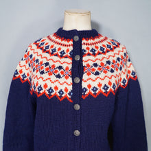 Load image into Gallery viewer, 70s BLUE RED AND WHITE NORWEGIAN &quot;SAGA KNIT&quot; HANDKNITTED WOOL CARDIGAN - M