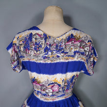 Load image into Gallery viewer, 50s SCENIC BLUE PRINT SOFT RAYON FULL SKIRTED DAY DRESS - S