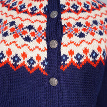 Load image into Gallery viewer, 70s BLUE RED AND WHITE NORWEGIAN &quot;SAGA KNIT&quot; HANDKNITTED WOOL CARDIGAN - M
