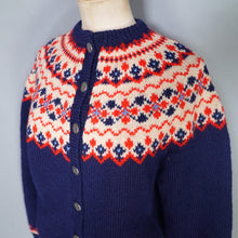 Load image into Gallery viewer, 70s BLUE RED AND WHITE NORWEGIAN &quot;SAGA KNIT&quot; HANDKNITTED WOOL CARDIGAN - M