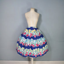 Load image into Gallery viewer, 50s BLUE CASCADING STEMMED ROSE FLORAL PRINT FULL COTTON SKIRT - 27"