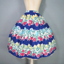 Load image into Gallery viewer, 50s BLUE CASCADING STEMMED ROSE FLORAL PRINT FULL COTTON SKIRT - 27"