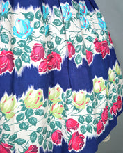 Load image into Gallery viewer, 50s BLUE CASCADING STEMMED ROSE FLORAL PRINT FULL COTTON SKIRT - 27"