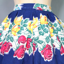 Load image into Gallery viewer, 50s BLUE CASCADING STEMMED ROSE FLORAL PRINT FULL COTTON SKIRT - 27"