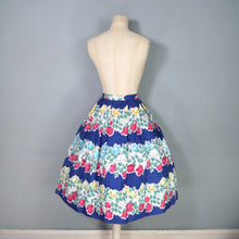 Load image into Gallery viewer, 50s BLUE CASCADING STEMMED ROSE FLORAL PRINT FULL COTTON SKIRT - 27"