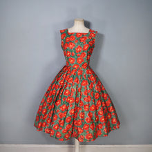Load image into Gallery viewer, 50s RED AND GREEN BRIGHT FLORAL FULL SKIRTED DRESS WITH BOLERO - S