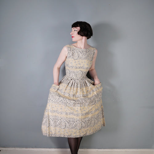 50s SAMBO FASHIONS LIGHT BROWN BORDER PRINT FULL SKIRTED SUN DRESS - XS-S