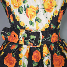 Load image into Gallery viewer, 50s 60s "VOGUE" ORANGE AND YELLOW ROSE COTTON DAY DRESS WITH BELT - S