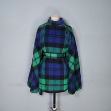 Load image into Gallery viewer, 70s JIMMY HOURIHAN BLACK BLUE AND GREEN PLAID WOOL CAPE WITH BELT - S-M