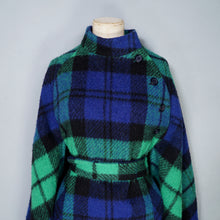 Load image into Gallery viewer, 70s JIMMY HOURIHAN BLACK BLUE AND GREEN PLAID WOOL CAPE WITH BELT - S-M