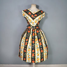 Load image into Gallery viewer, 50s 60s "VOGUE" ORANGE AND YELLOW ROSE COTTON DAY DRESS WITH BELT - S