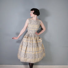 Load image into Gallery viewer, 50s SAMBO FASHIONS LIGHT BROWN BORDER PRINT FULL SKIRTED SUN DRESS - XS-S