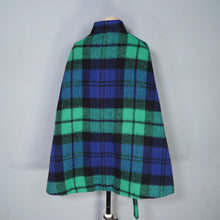 Load image into Gallery viewer, 70s JIMMY HOURIHAN BLACK BLUE AND GREEN PLAID WOOL CAPE WITH BELT - S-M