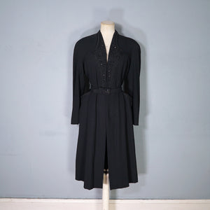 40s RUE DE LA PAIX BLACK BEADED GOTHIC PARISIAN BELTED COAT - S
