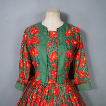 Load image into Gallery viewer, 50s RED AND GREEN BRIGHT FLORAL FULL SKIRTED DRESS WITH BOLERO - S