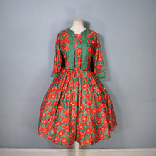 Load image into Gallery viewer, 50s RED AND GREEN BRIGHT FLORAL FULL SKIRTED DRESS WITH BOLERO - S